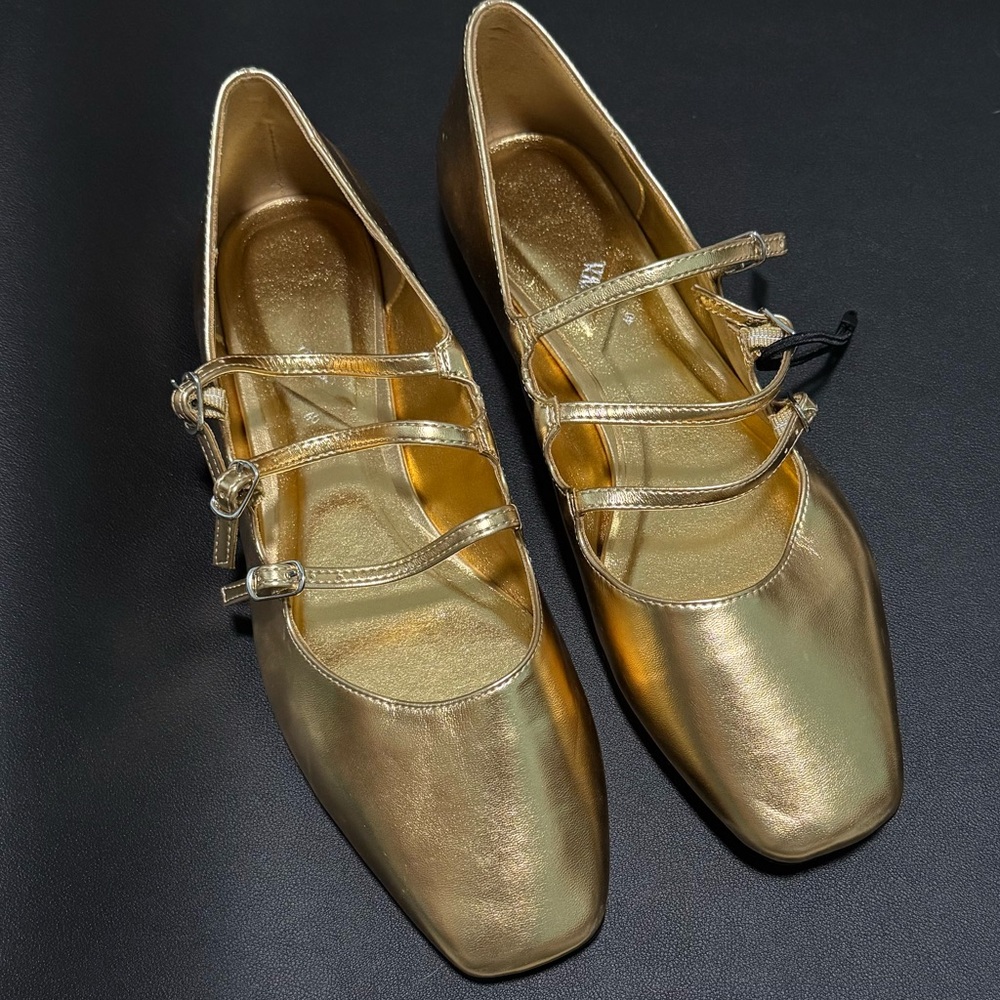 Zara Metallic Gold Ballet Flats with Straps – Size [EU 40 / US 9] – Never Worn
